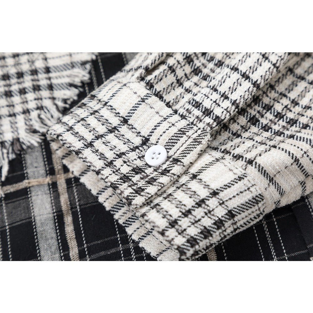 Beige & Black Patchwork Plaid Frayed Shirt - Thrashink