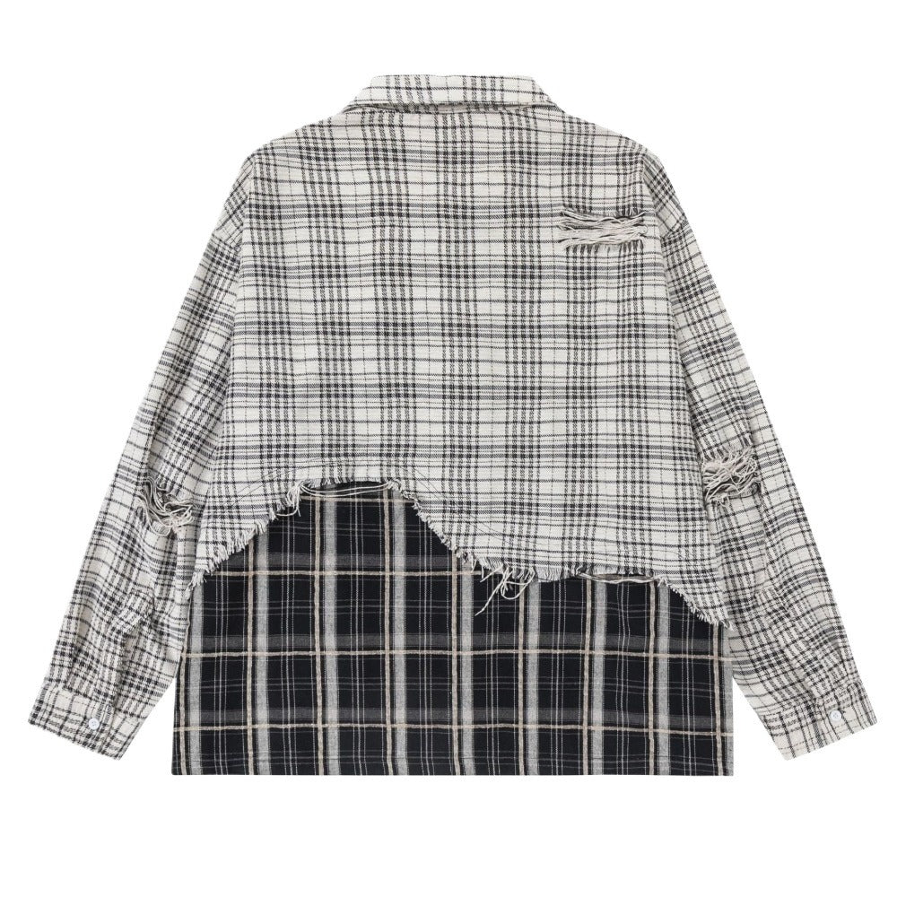 Beige & Black Patchwork Plaid Frayed Shirt - Thrashink
