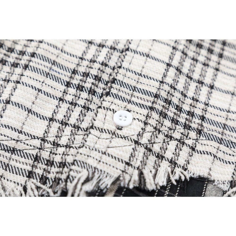 Beige & Black Patchwork Plaid Frayed Shirt - Thrashink