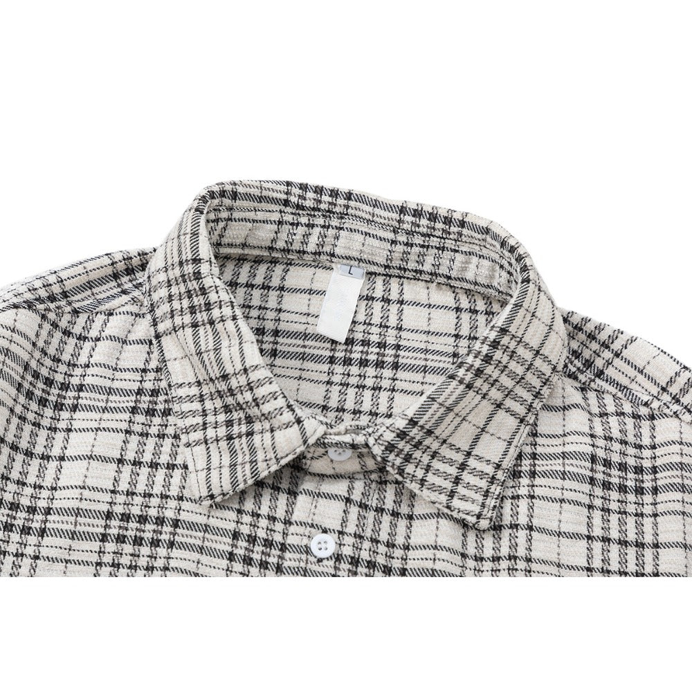 Beige & Black Patchwork Plaid Frayed Shirt - Thrashink