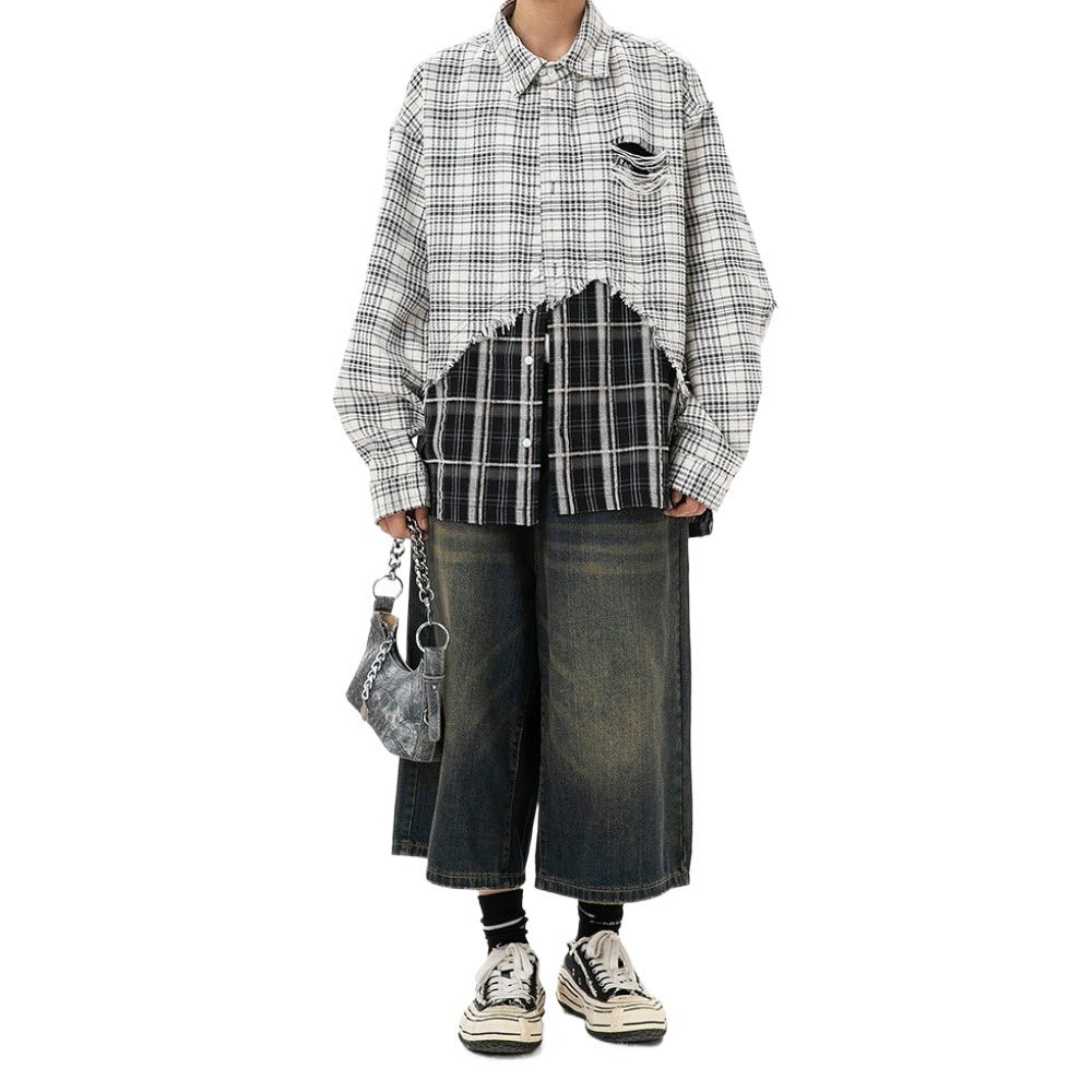 Beige & Black Patchwork Plaid Frayed Shirt - Thrashink