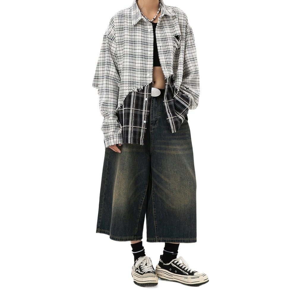 Beige & Black Patchwork Plaid Frayed Shirt - Thrashink