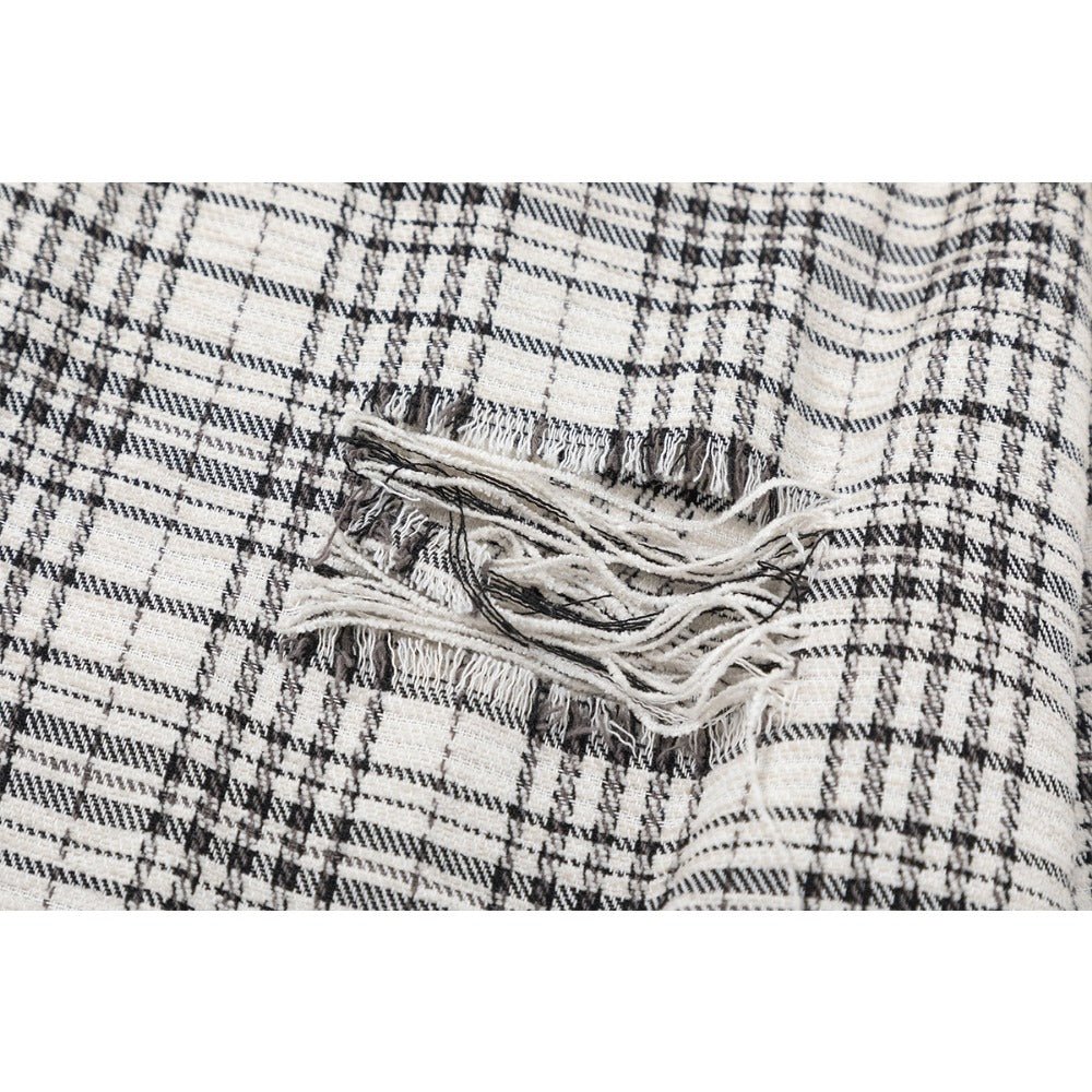 Beige & Black Patchwork Plaid Frayed Shirt - Thrashink