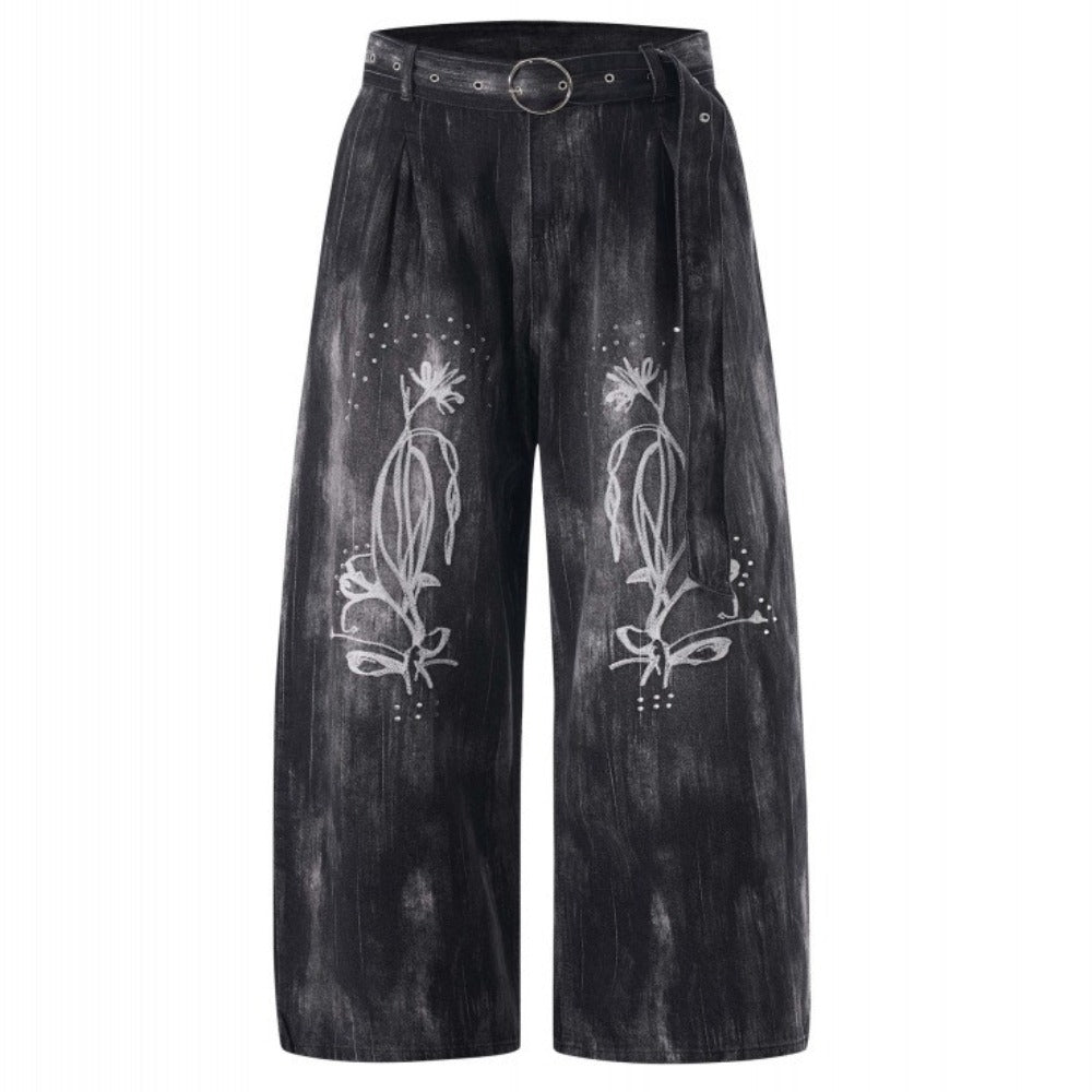 Belted Floral Embroidered Distressed Jeans - Thrashink