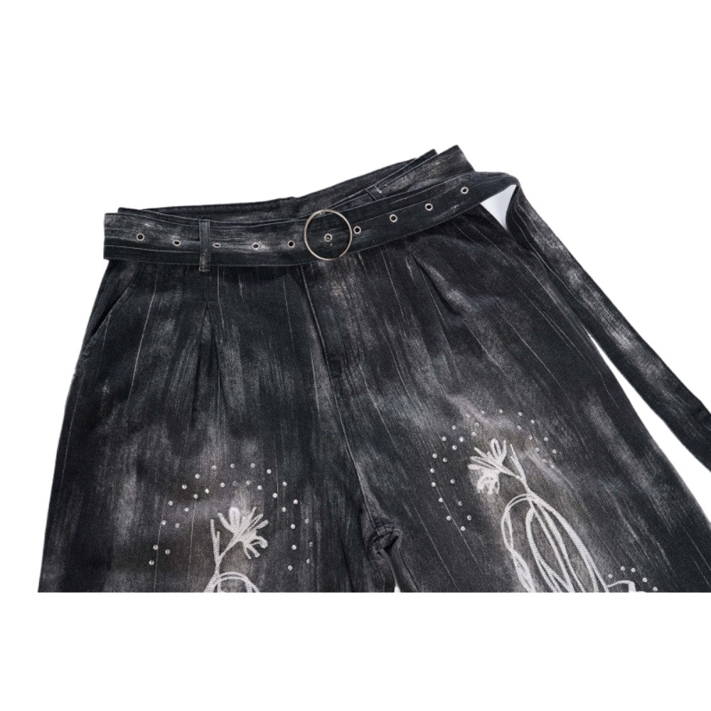 Belted Floral Embroidered Distressed Jeans - Thrashink