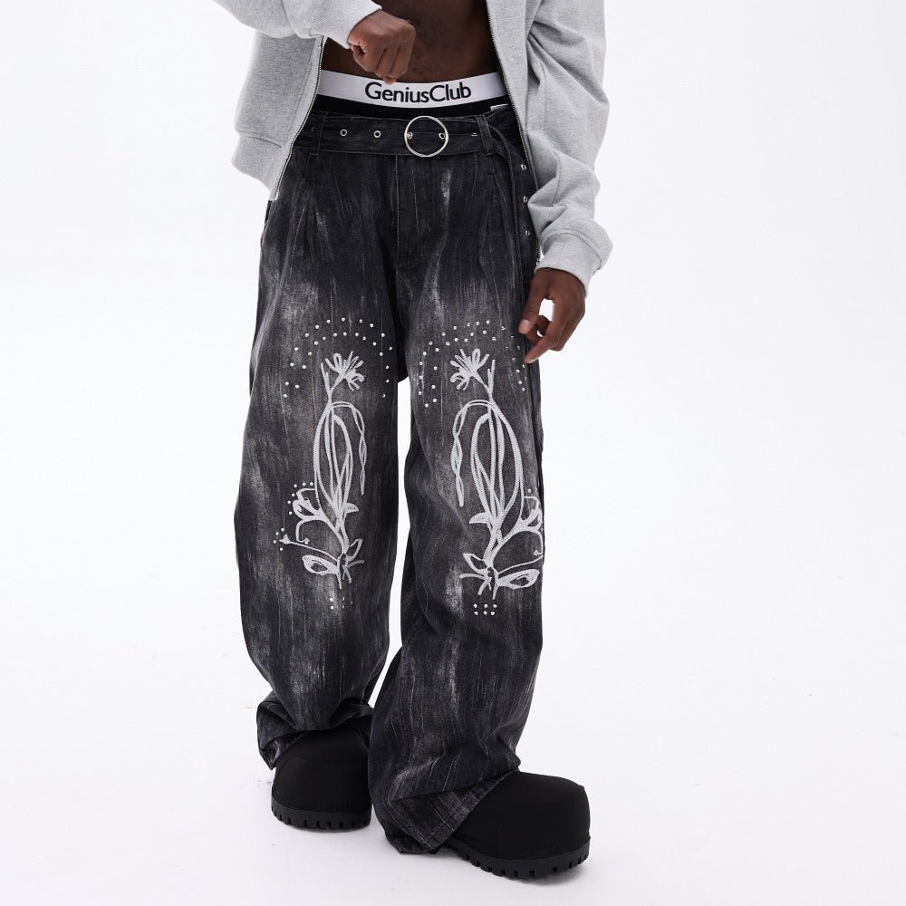 Belted Floral Embroidered Distressed Jeans - Thrashink
