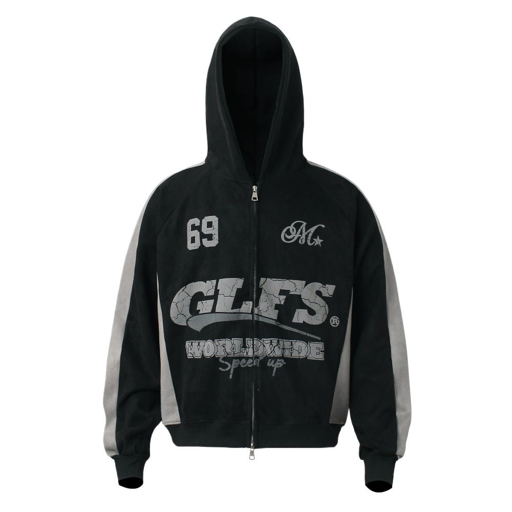 Biker Suede Zip - up Hoodie - Thrashink