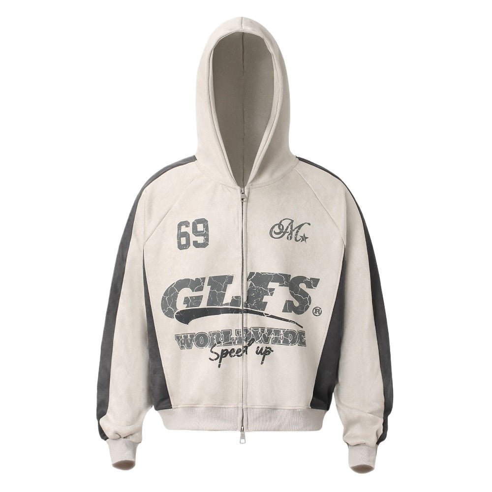 Biker Suede Zip - up Hoodie - Thrashink
