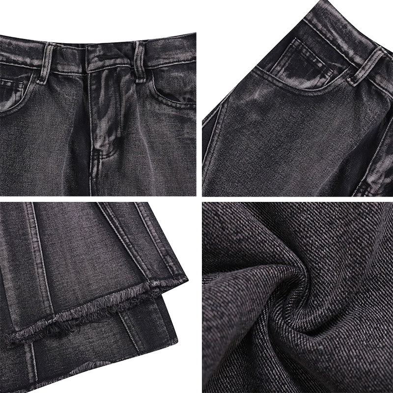 Black and Gray Wide - leg Straight Frayed Jeans - Thrashink