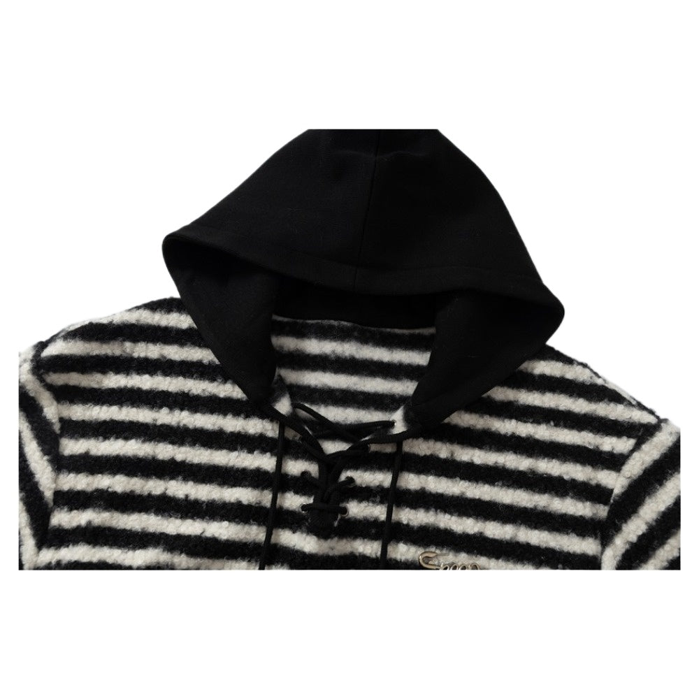 Black and White Striped Thick Terry Hoodie - Thrashink