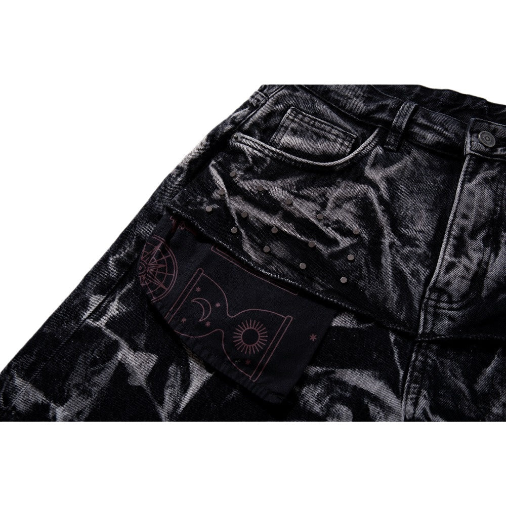 Black Marble Acid - Wash Sun Motif Patches Jeans - Thrashink