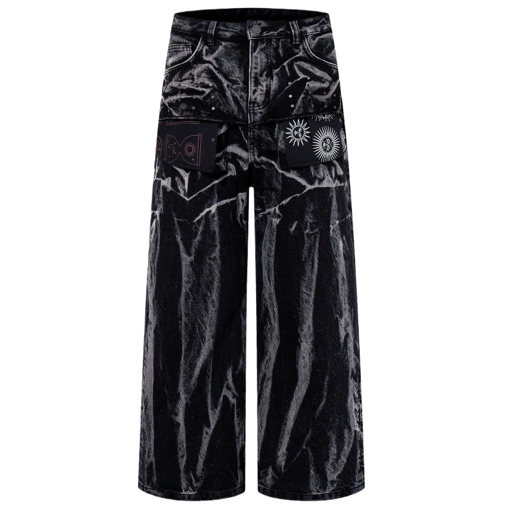 Black Marble Acid - Wash Sun Motif Patches Jeans - Thrashink