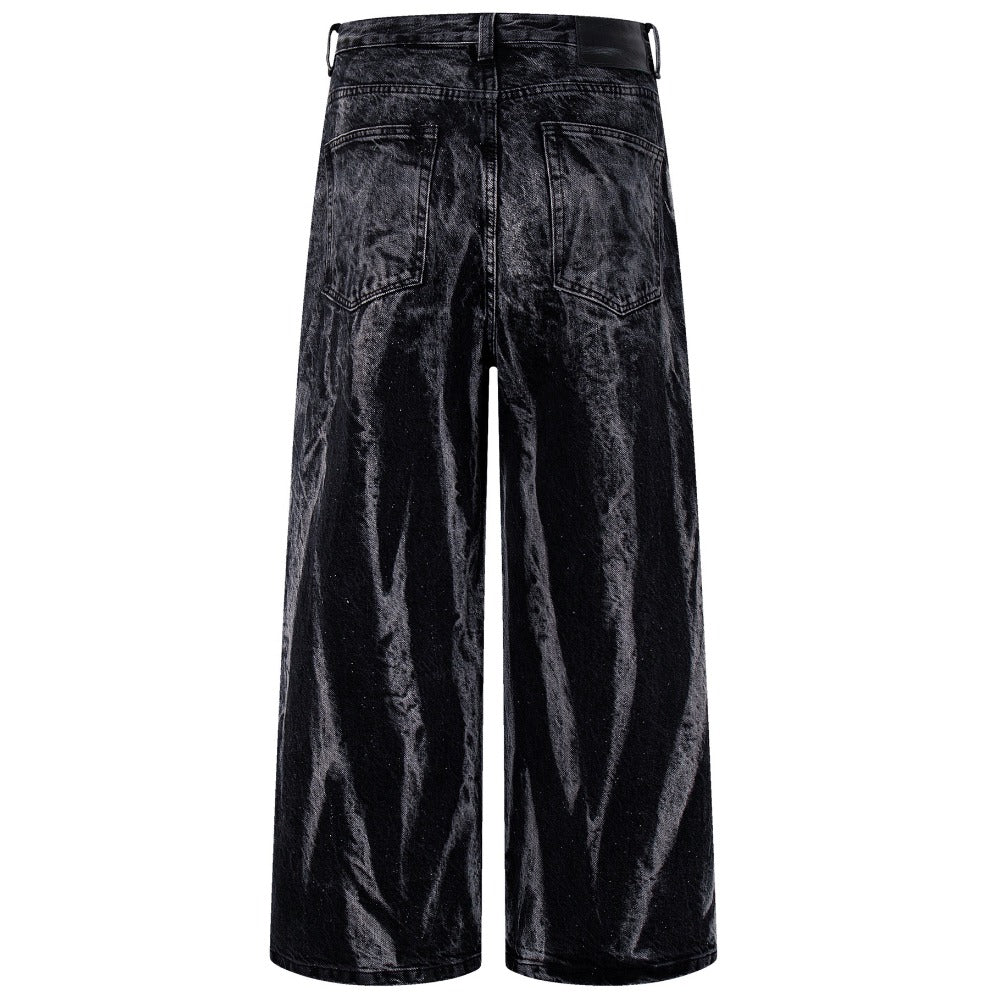 Black Marble Acid - Wash Sun Motif Patches Jeans - Thrashink