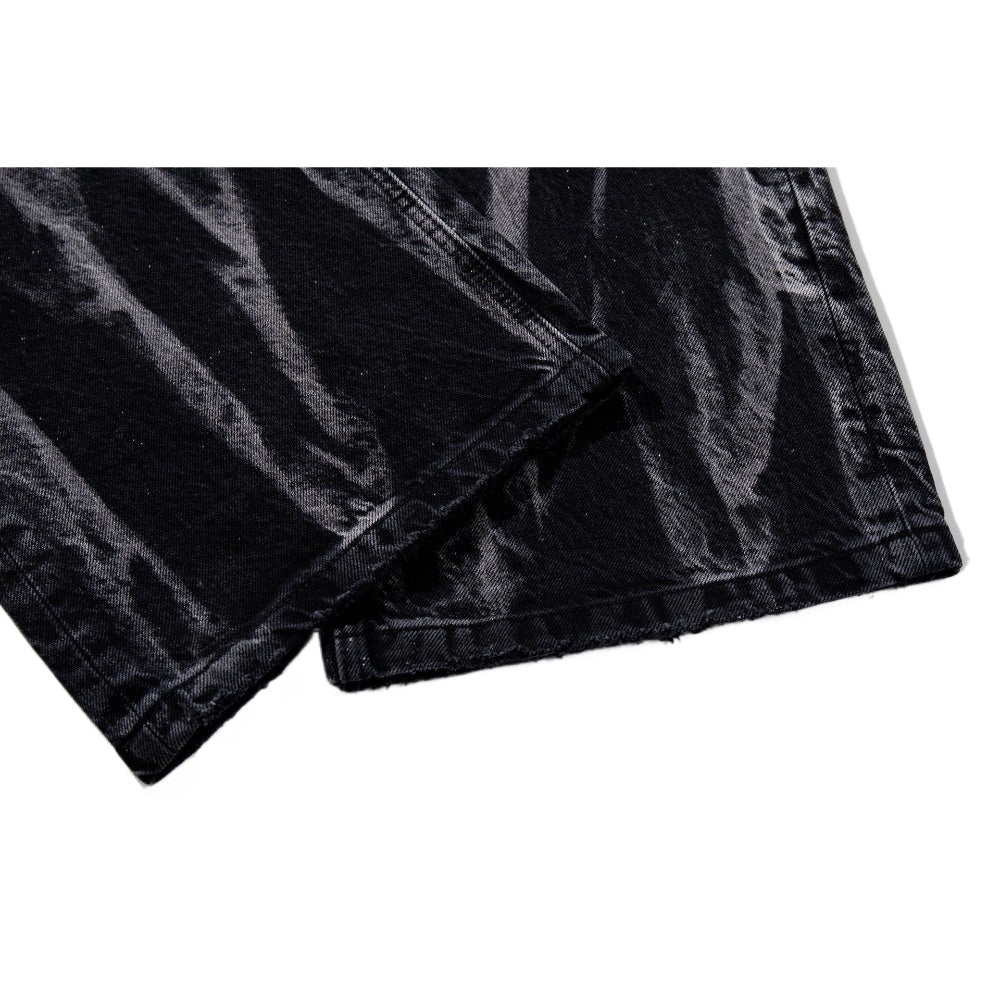 Black Marble Acid - Wash Sun Motif Patches Jeans - Thrashink