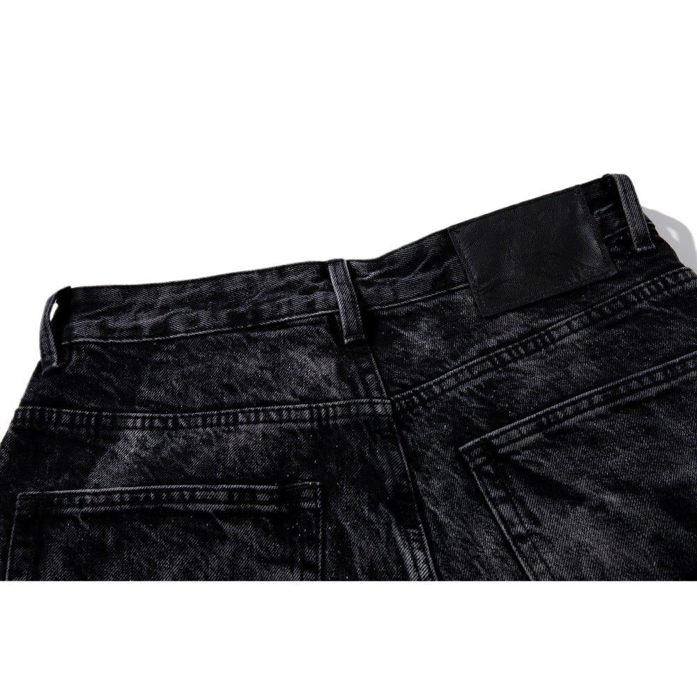 Black Marble Acid - Wash Sun Motif Patches Jeans - Thrashink