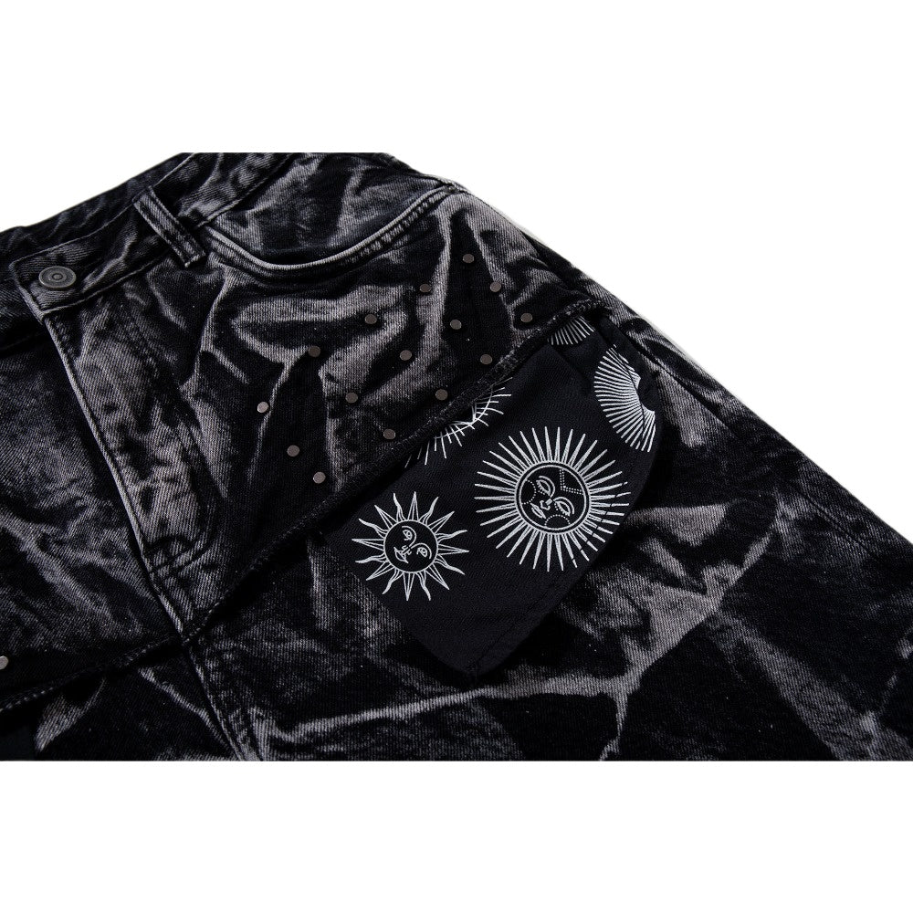 Black Marble Acid - Wash Sun Motif Patches Jeans - Thrashink
