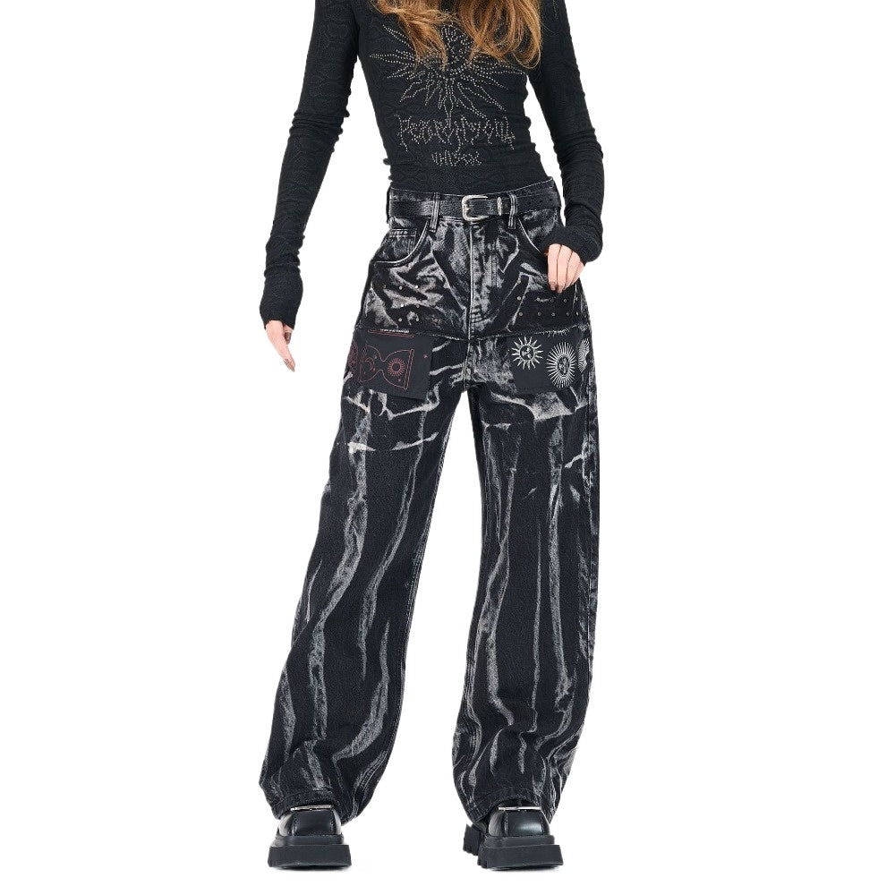 Black Marble Acid - Wash Sun Motif Patches Jeans - Thrashink