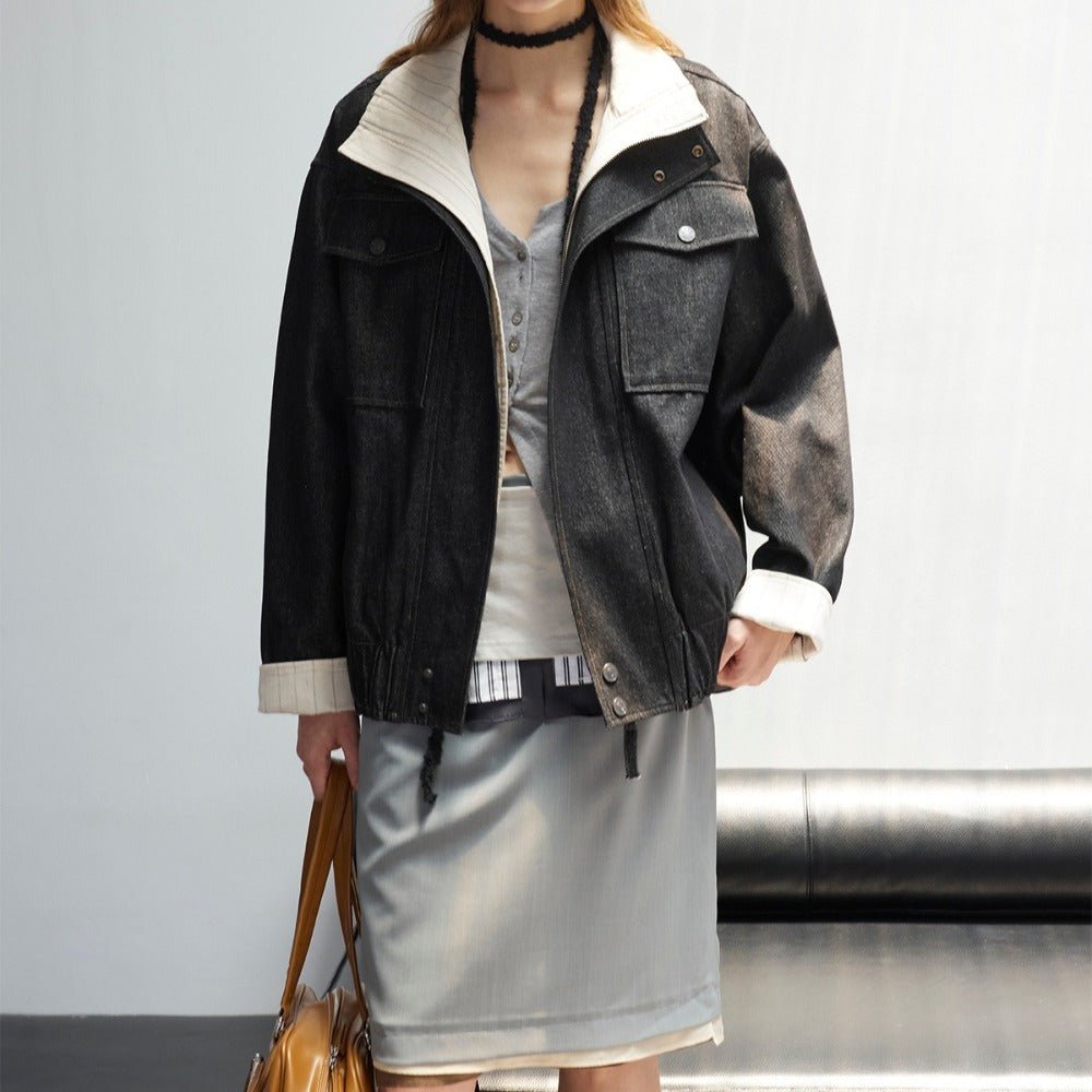 Black Patchwork Faux Two - piece Denim Jacket - Thrashink