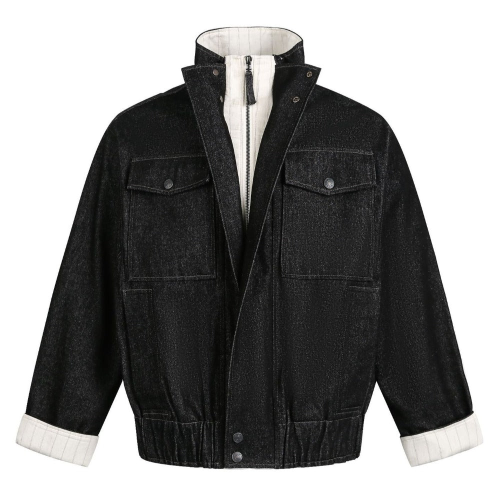 Black Patchwork Faux Two - piece Denim Jacket - Thrashink