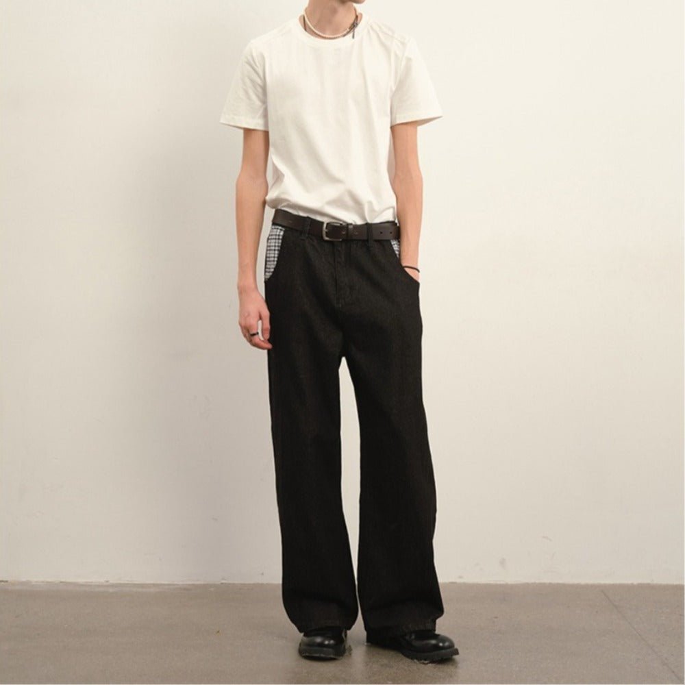 Black Plaid Pocket Denim Wide - Leg Pants - Thrashink