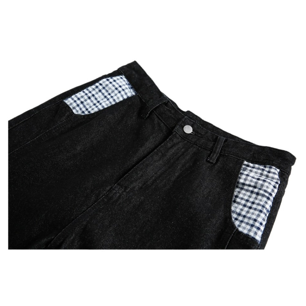 Black Plaid Pocket Denim Wide - Leg Pants - Thrashink