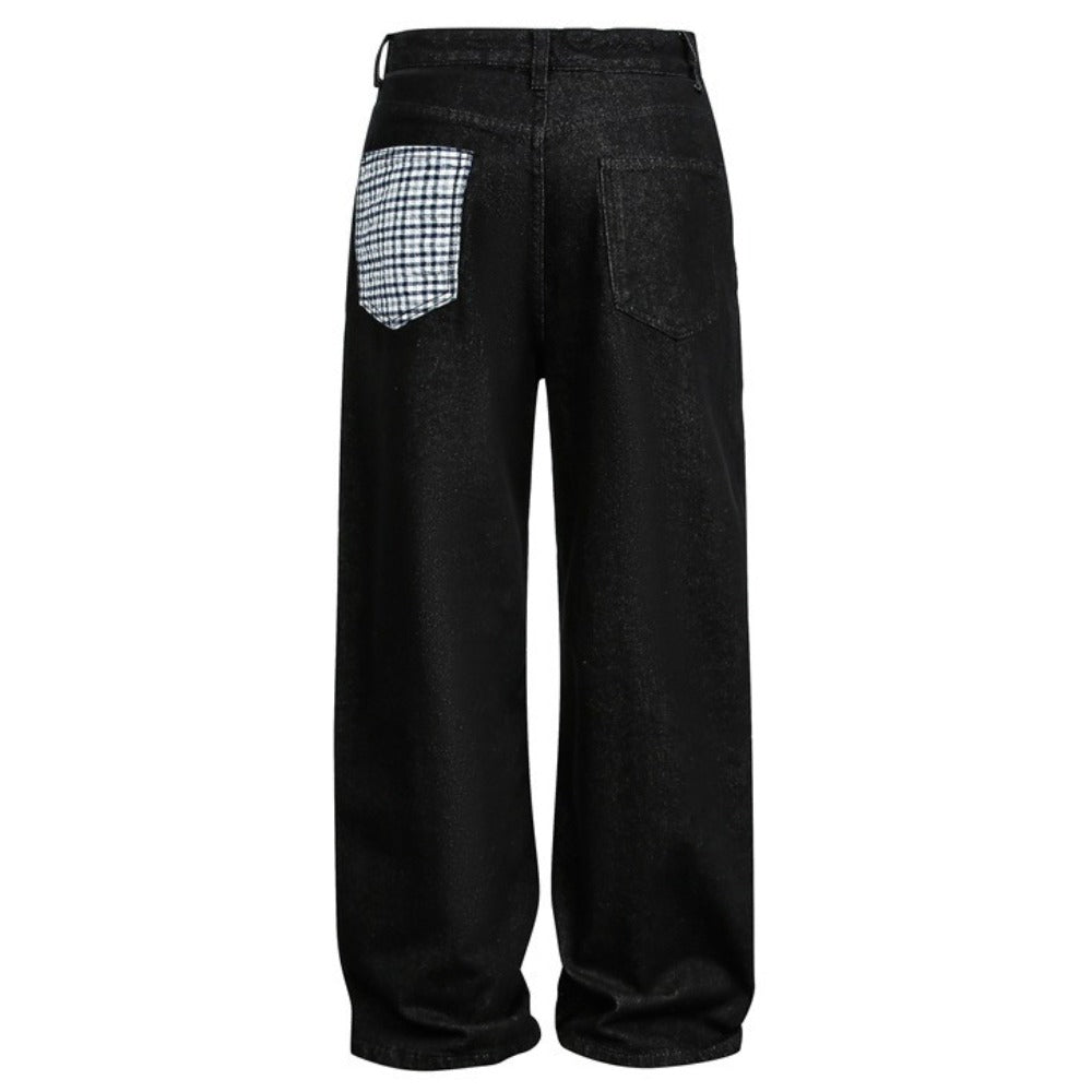Black Plaid Pocket Denim Wide - Leg Pants - Thrashink