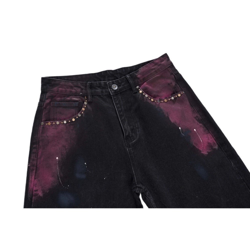 Black Purple Splash Rivet Wide - Leg Jeans - Thrashink