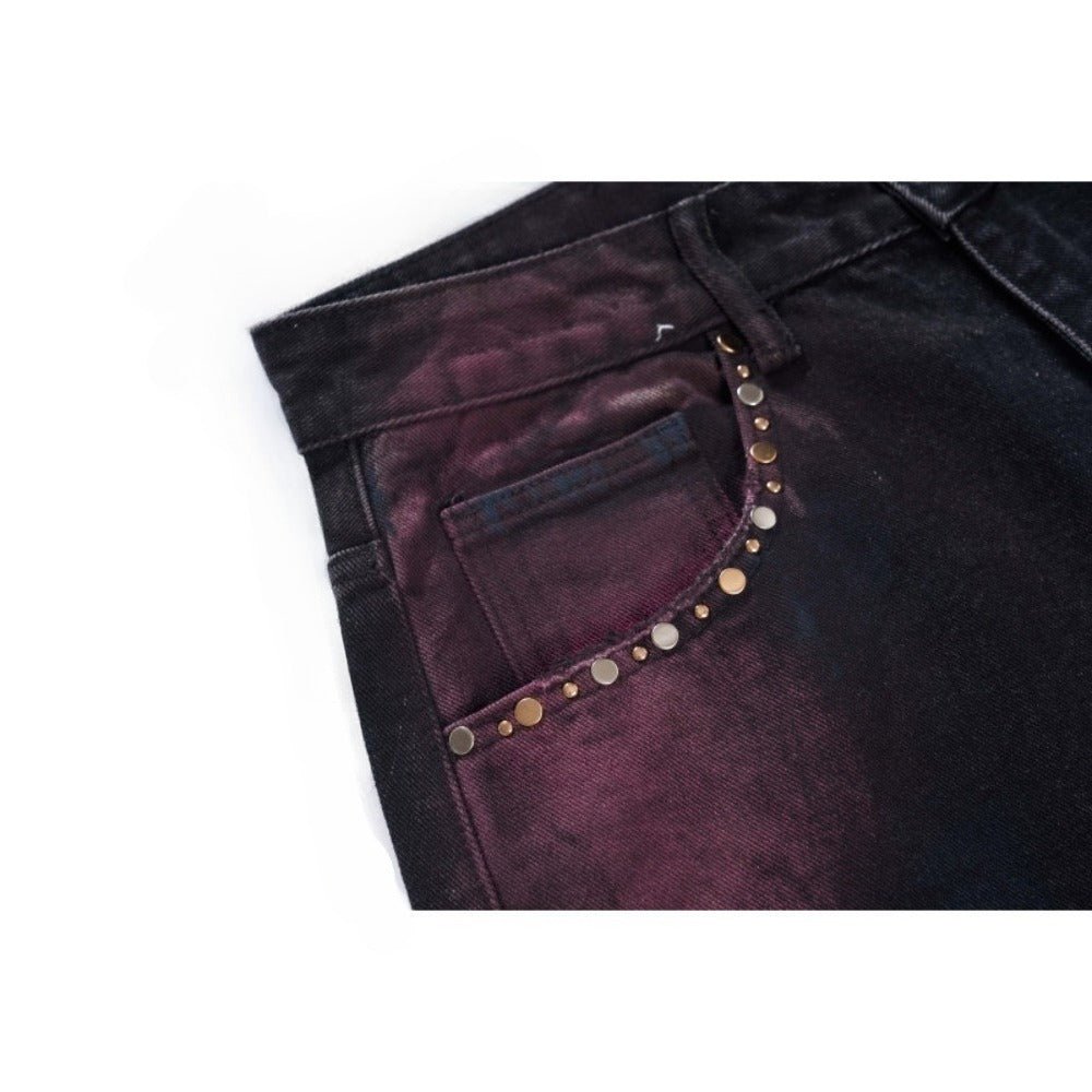 Black Purple Splash Rivet Wide - Leg Jeans - Thrashink