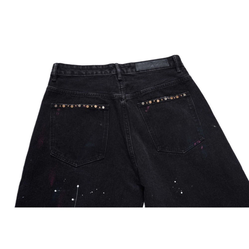 Black Purple Splash Rivet Wide - Leg Jeans - Thrashink