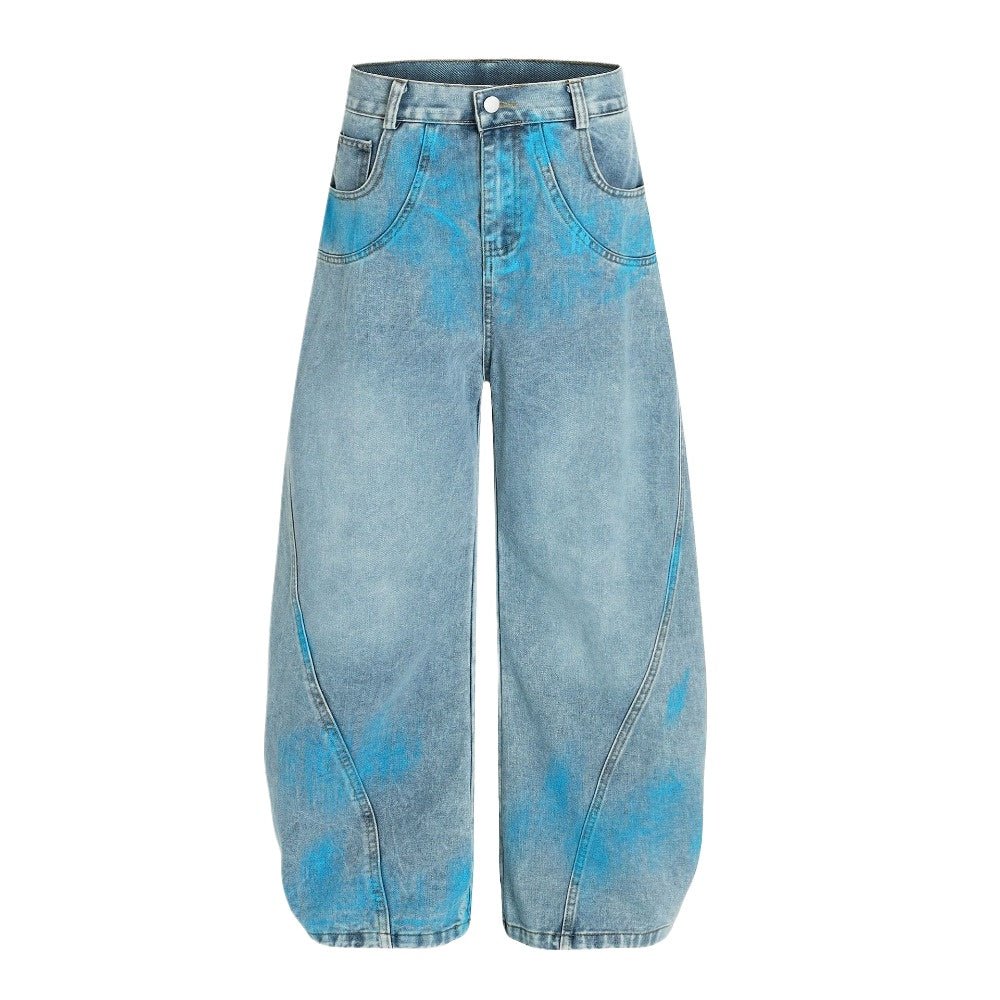 Blue Paint Spray - dyed Washed Distressed Jeans - Thrashink