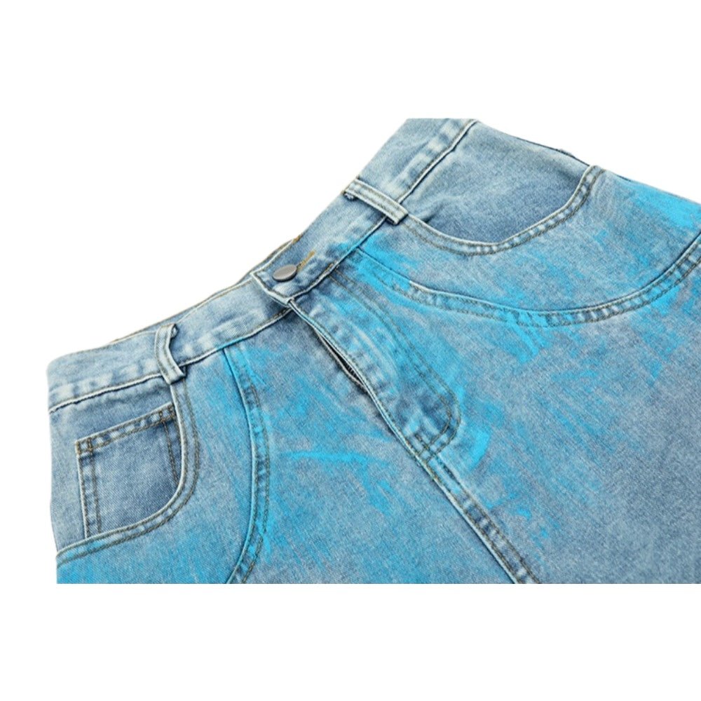 Blue Paint Spray - dyed Washed Distressed Jeans - Thrashink