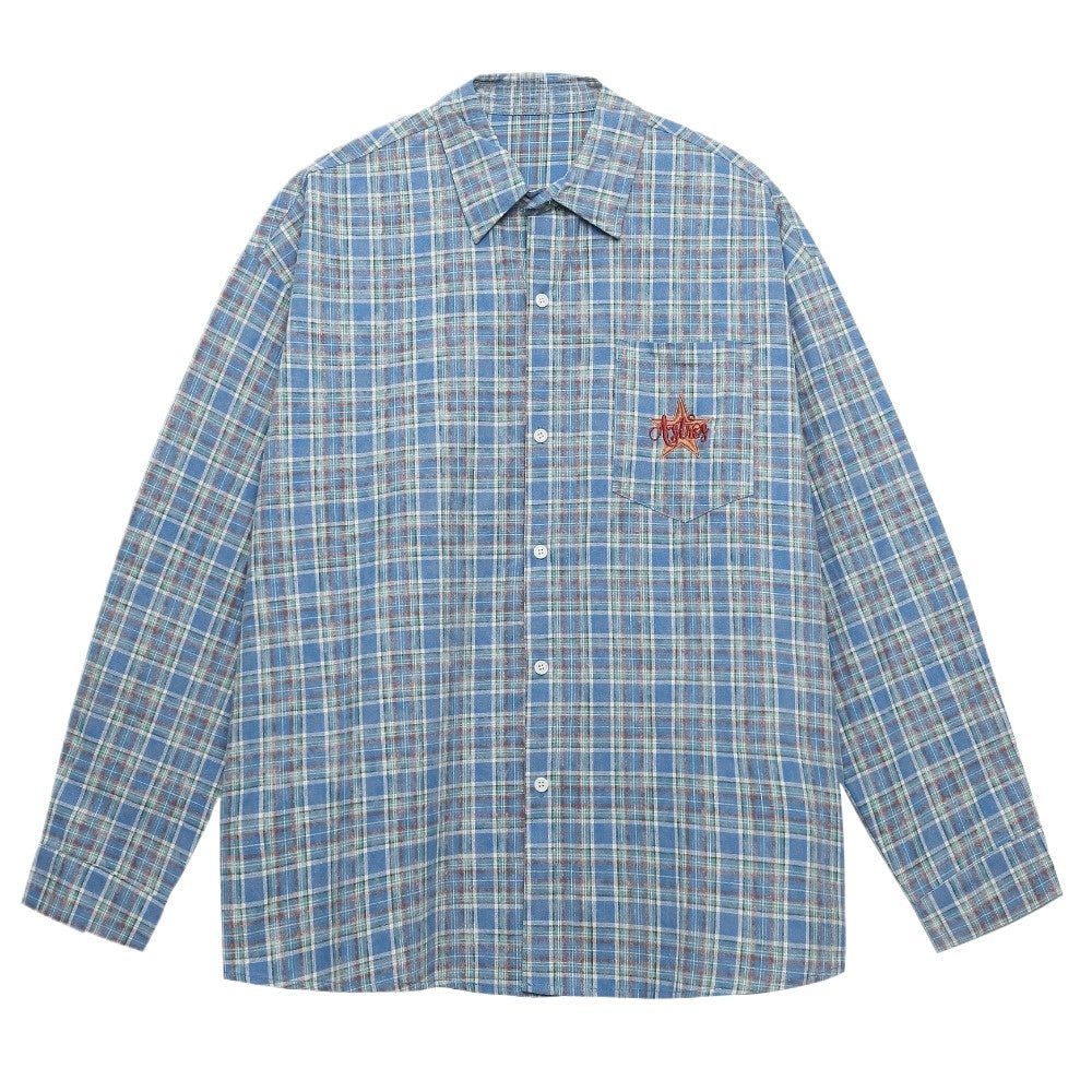 Blue Plaid Star Embroidered Shirt - Thrashink