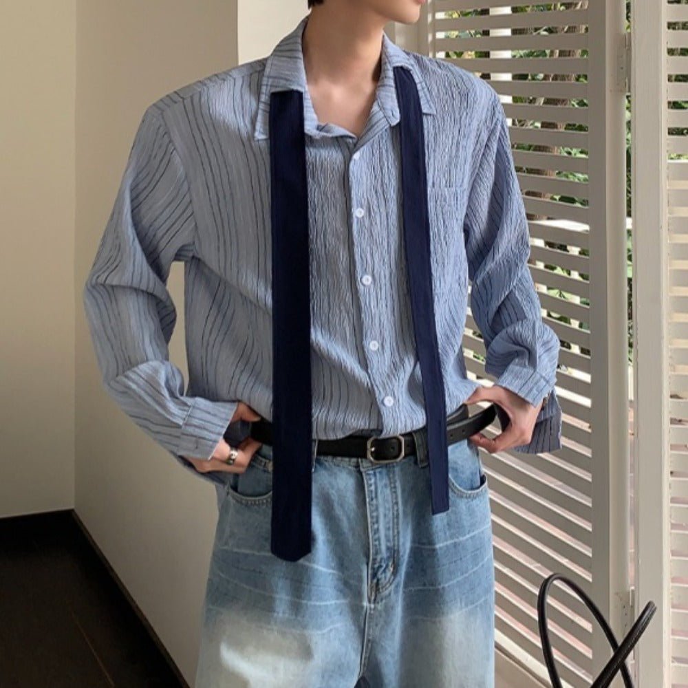 Blue Stripes Tie Accented Shirt - Thrashink