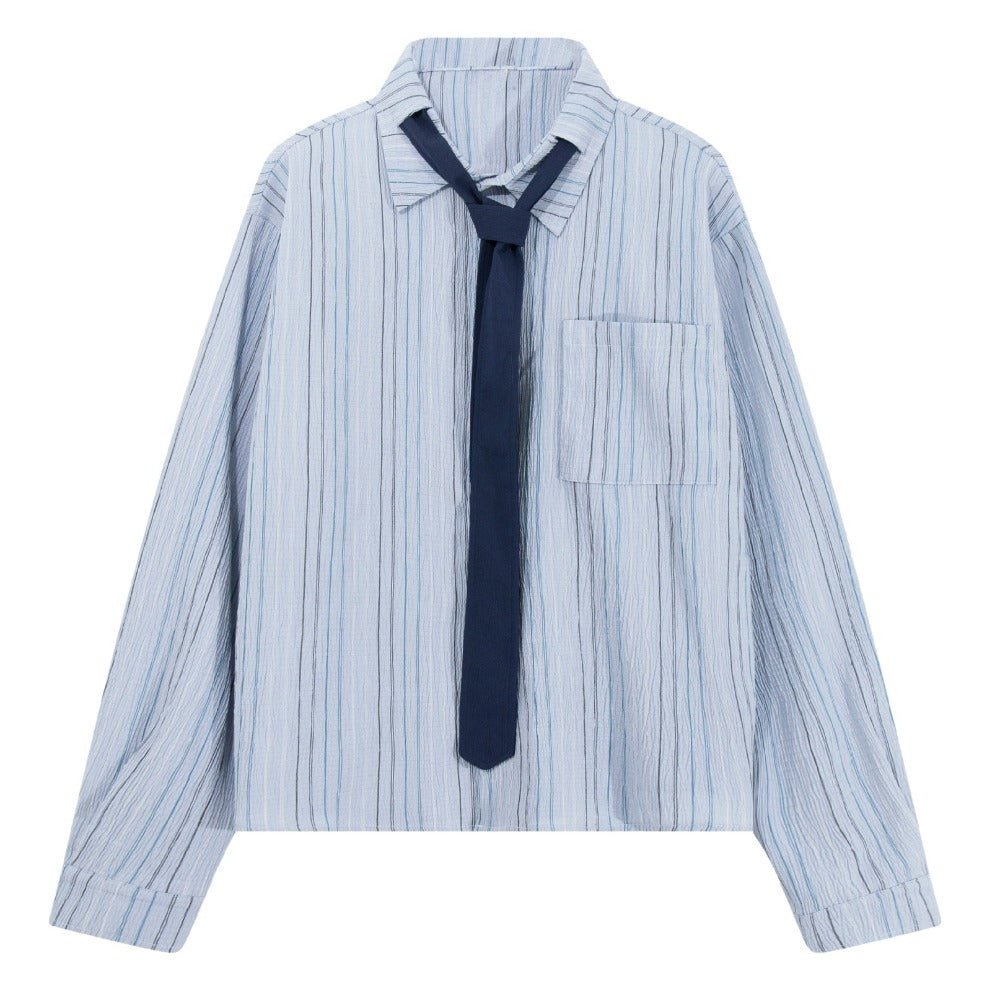 Blue Stripes Tie Accented Shirt - Thrashink