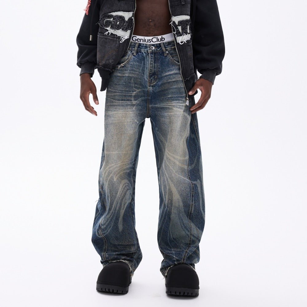 Blue Washed Ripple Wide - Leg Jeans - Thrashink