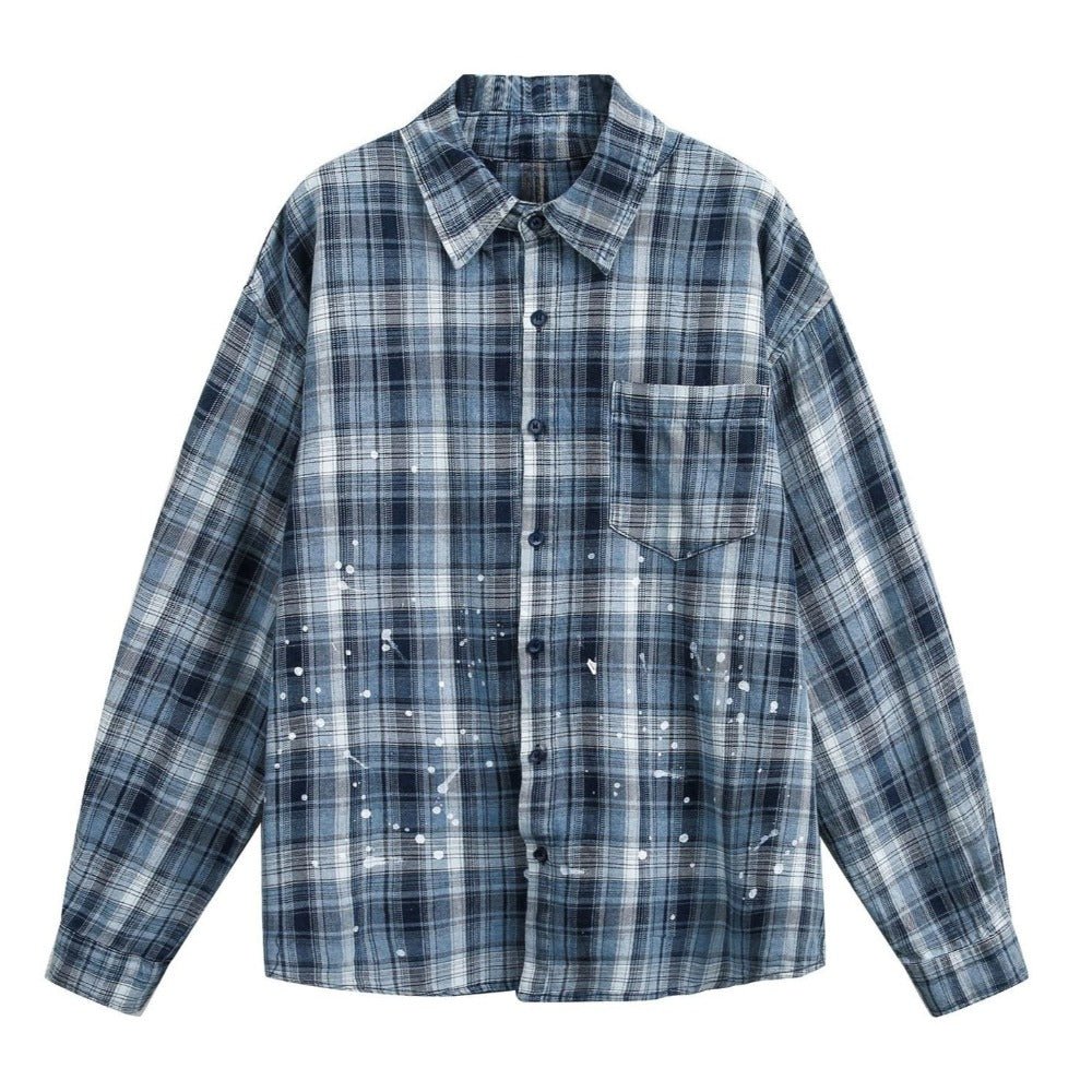 Blue & White Plaid Splatter Shirt - Thrashink