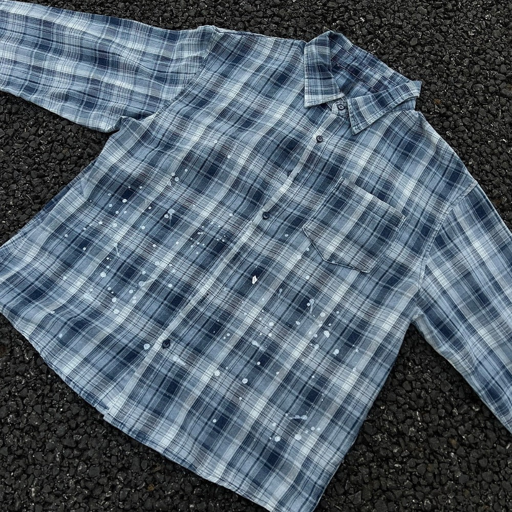 Blue & White Plaid Splatter Shirt - Thrashink