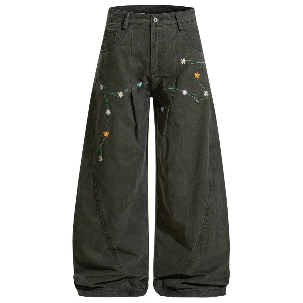 Botanical Embroidered Wide - Leg Jeans - Thrashink
