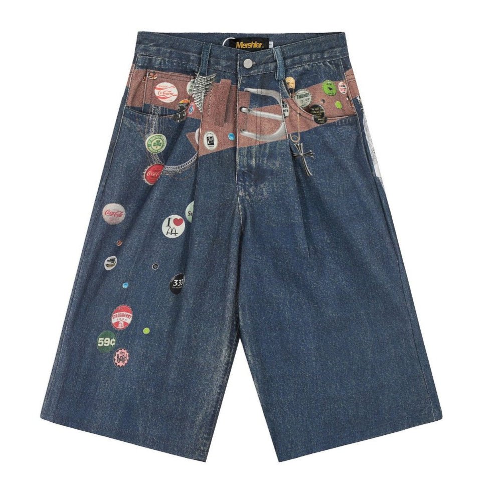 Bottle Cap & Waistband Printed Shorts - Thrashink
