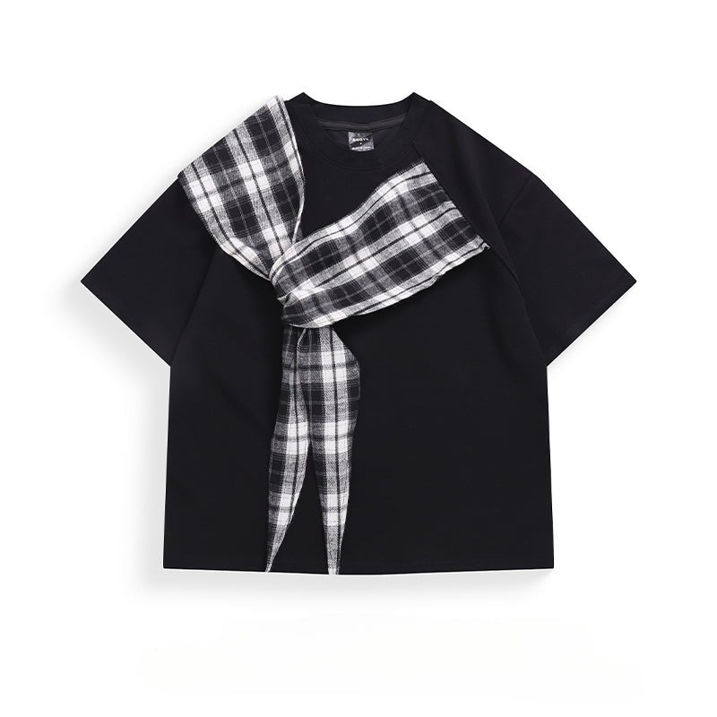 Bowknot Plaid Patchwork T-Shirt - Thrashink