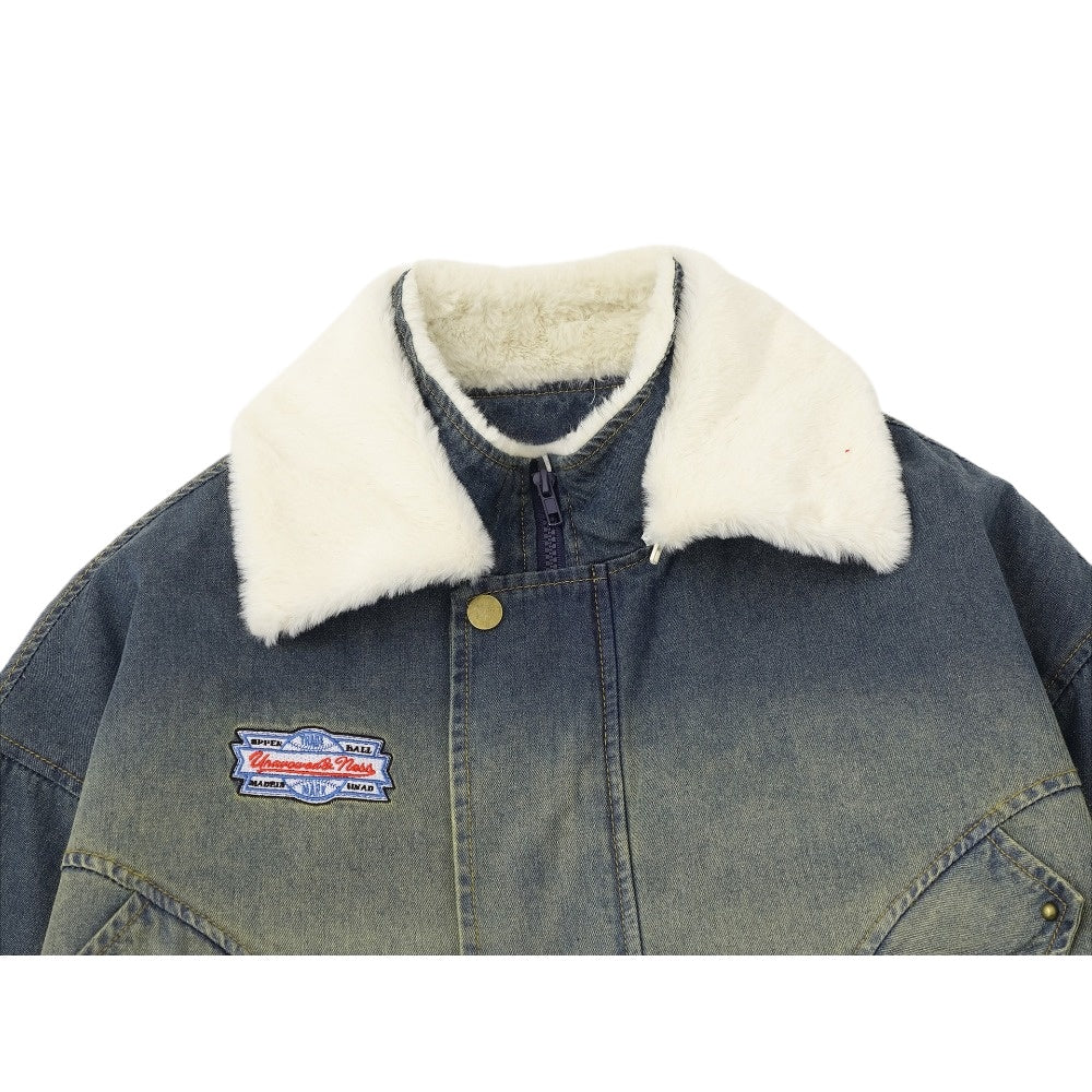 Washed Denim Sherpa Collar Patched Padded Jacket