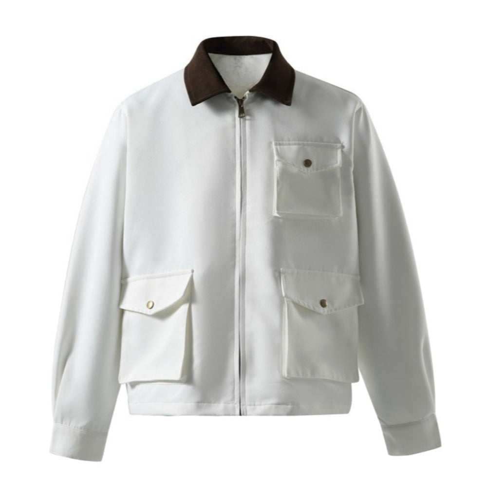 White Multi-Pocket Contrast Lapel Jacket