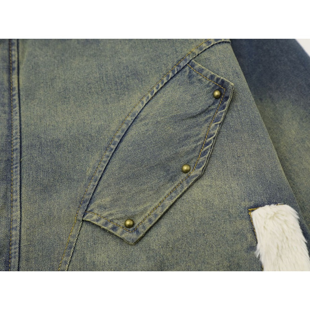 Washed Denim Sherpa Collar Patched Padded Jacket