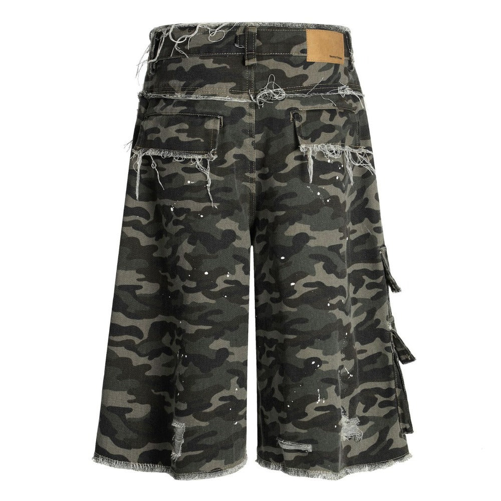 Camo Hand Frayed Cargo Shorts - Thrashink