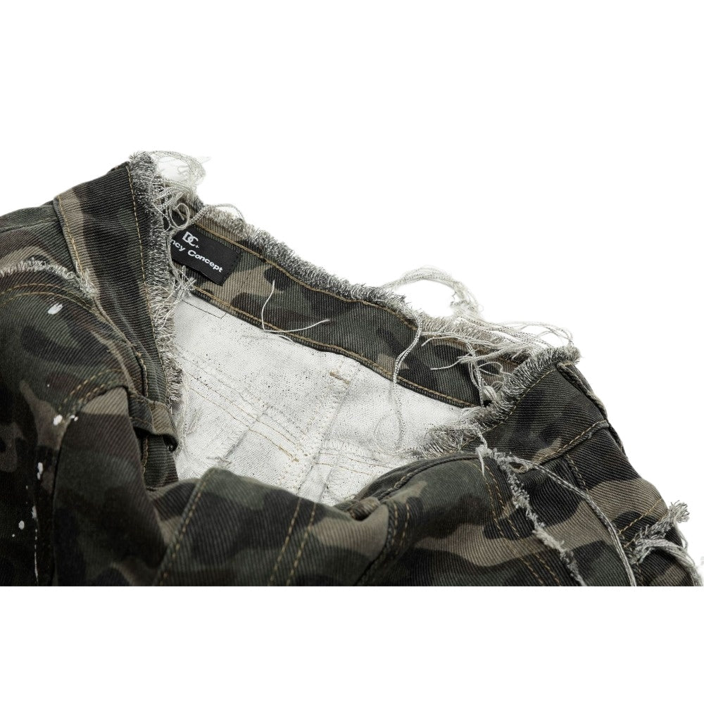 Camo Hand Frayed Cargo Shorts - Thrashink