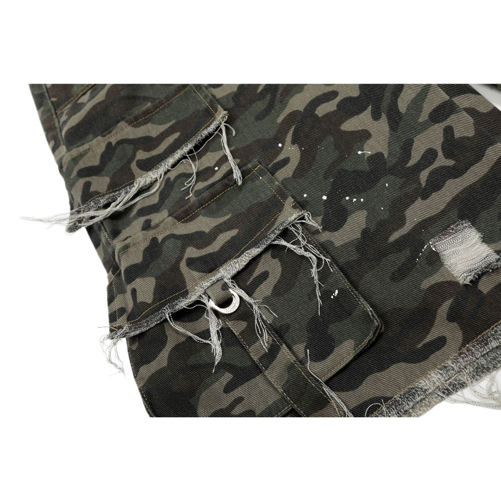 Camo Hand Frayed Cargo Shorts - Thrashink