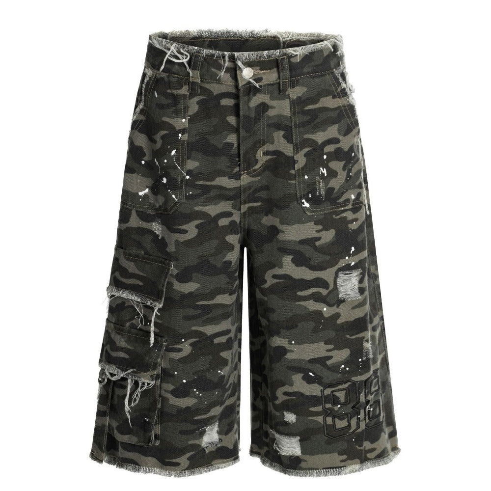 Camo Hand Frayed Cargo Shorts - Thrashink