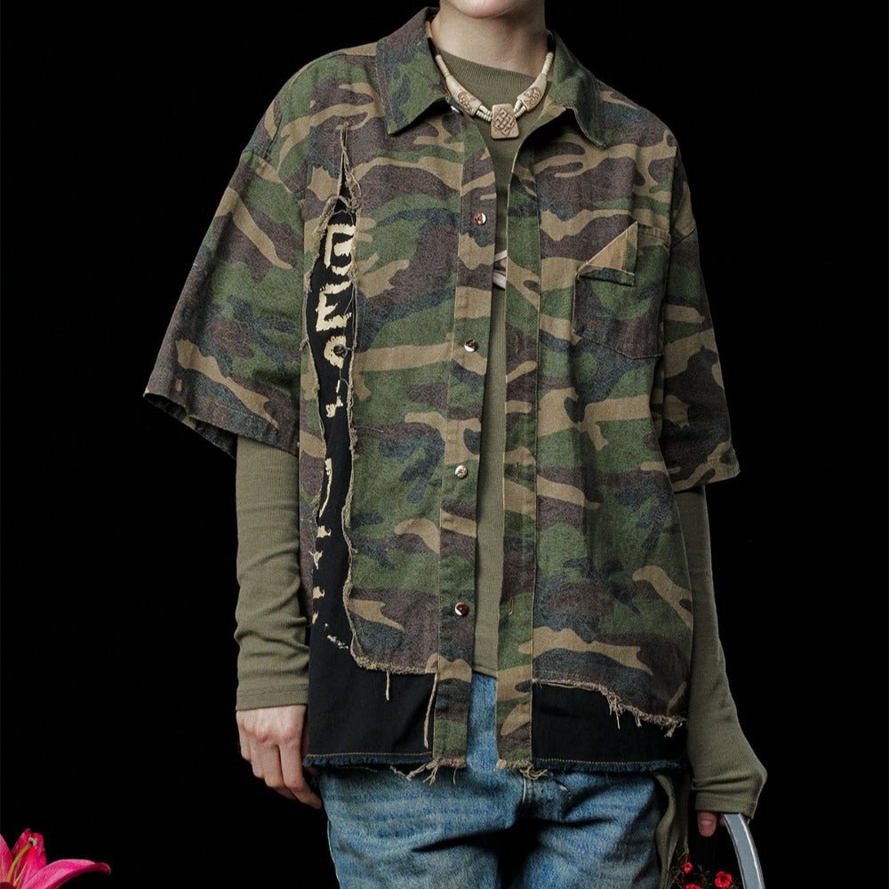 Camouflage Destroyed Patch Shirt - Thrashink