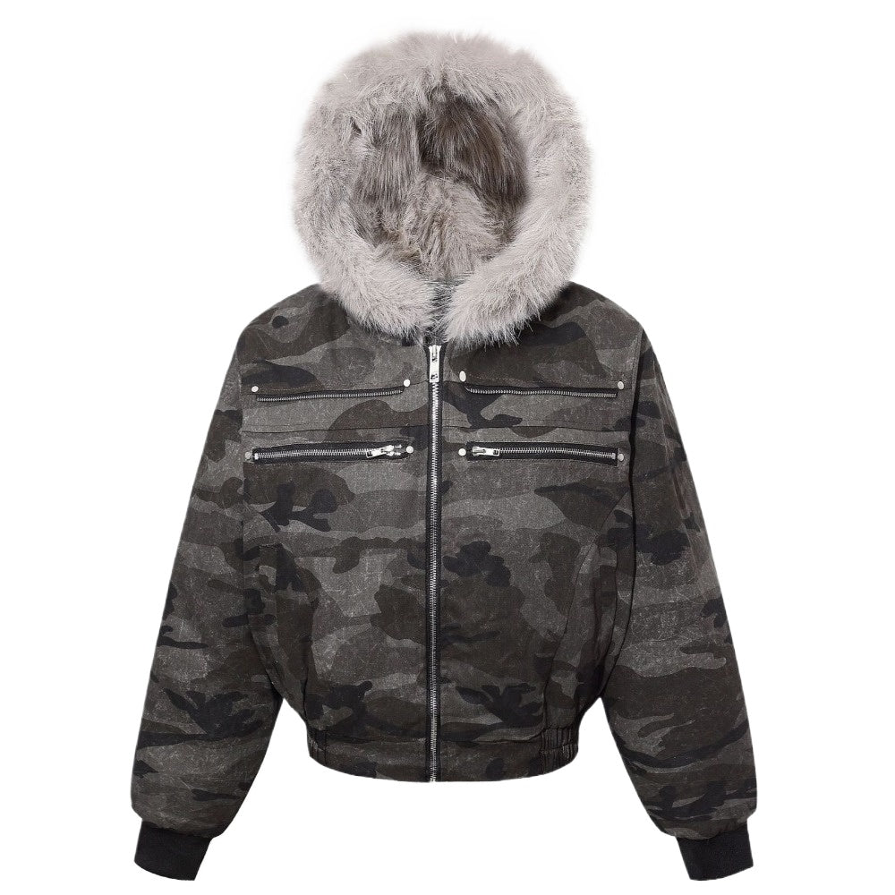 Camouflage Faux Fur Hooded Bomber Jacket - Thrashink