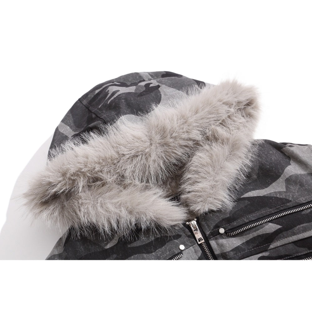 Camouflage Faux Fur Hooded Bomber Jacket - Thrashink